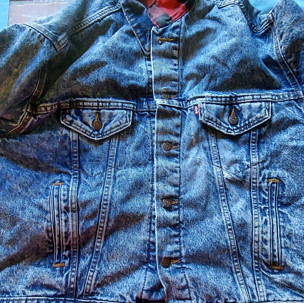 LEVIS Vintage lined FLANNEL Trucker Jacket Buffalo Plaid Acid/Stone Wash